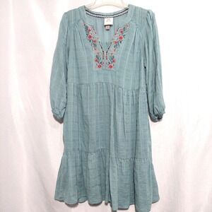 Knox Rose Womens XS Boho Peasant Dress Tiered Balloon Sleeves Embroidery Green